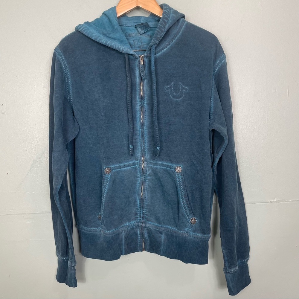 True Religion Unwashed Big T Zip Hoodie Acid Blue Size Medium 100%‎ Cotton